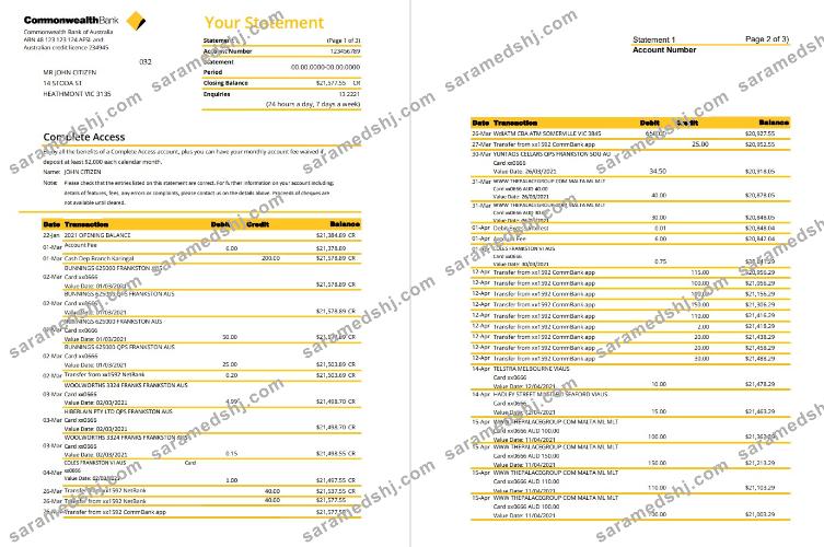 Australia Commonwealth bank statement template in Excel and PDF format (3 pages), version 2